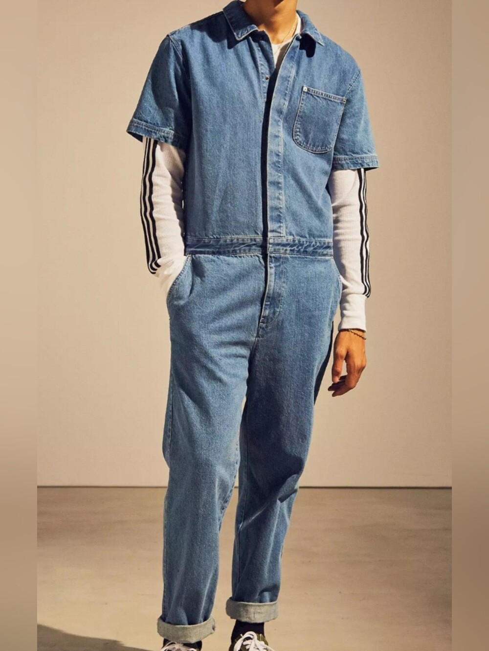 BDG Urban Outfitters Stonewash Denim Coverall Suit Short-Sleeve Jean Jumpsuit